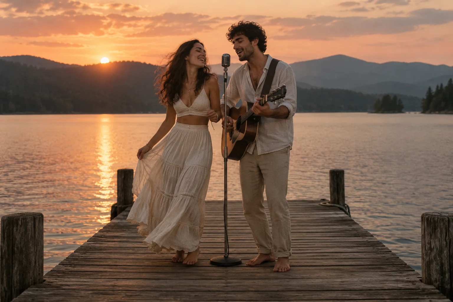 AI concept artwork of two fictional performers on a wooden lake pier at sunset